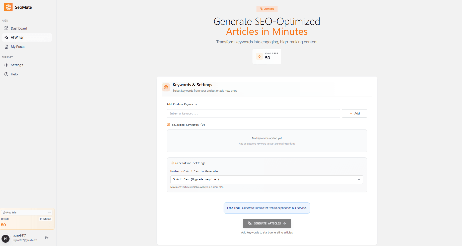 AI Writer interface with content generation options