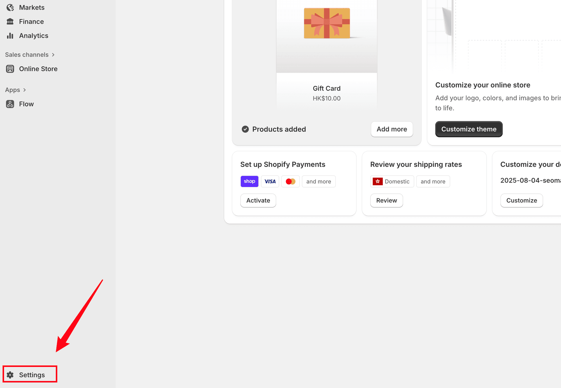 Shopify Settings Menu